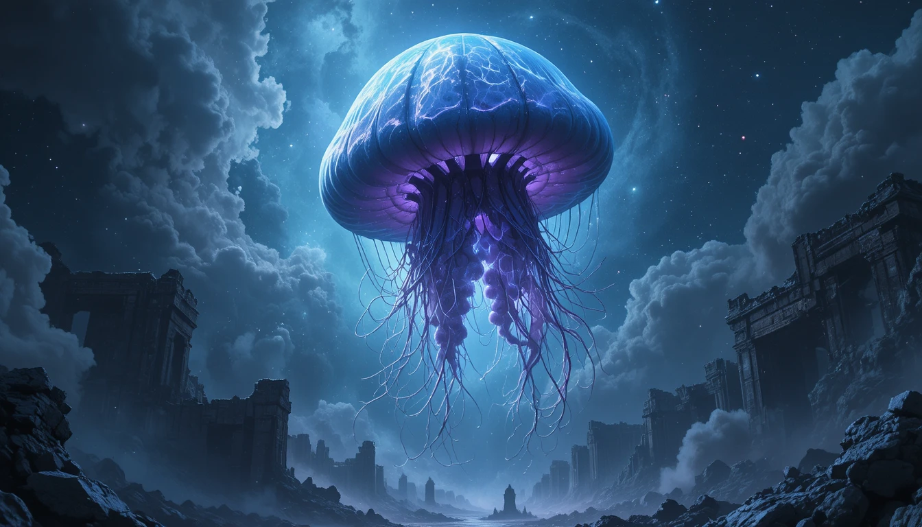 Colossal cosmic jellyfish drifting through glowing starry nebula