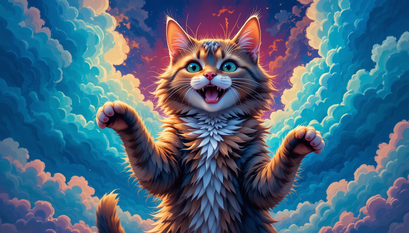 Gatto cartoon giocoso con colorato sfondo di nuvole vorticoso