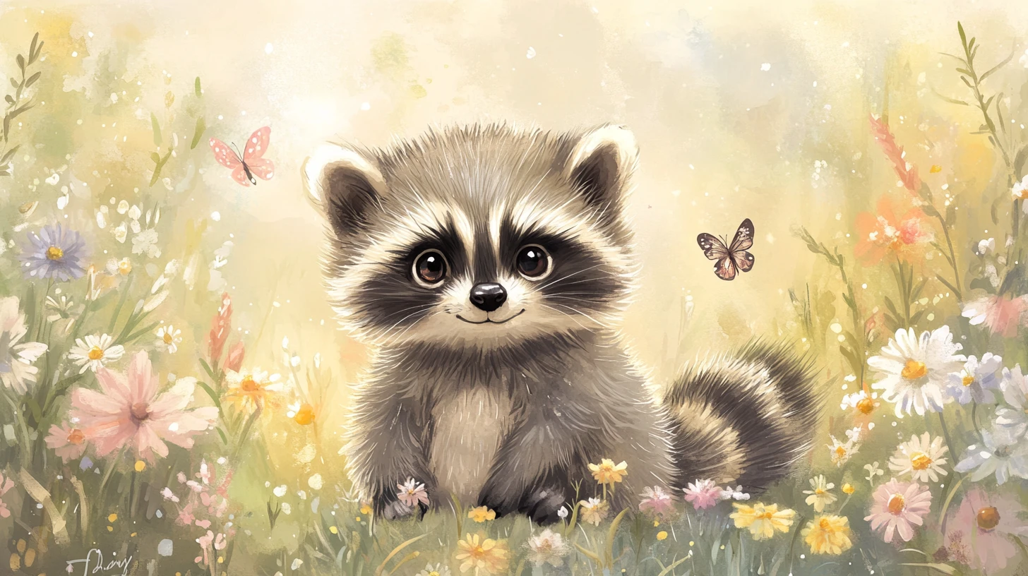 Niedliches Baby-Waschbär-Aquarell in einer Blumenwiese
