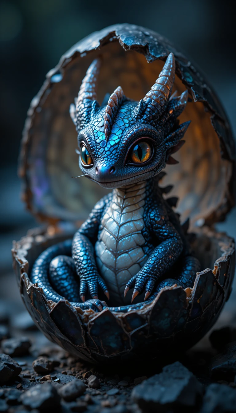 Baby dragon in shattered obsidian egg under moonlight