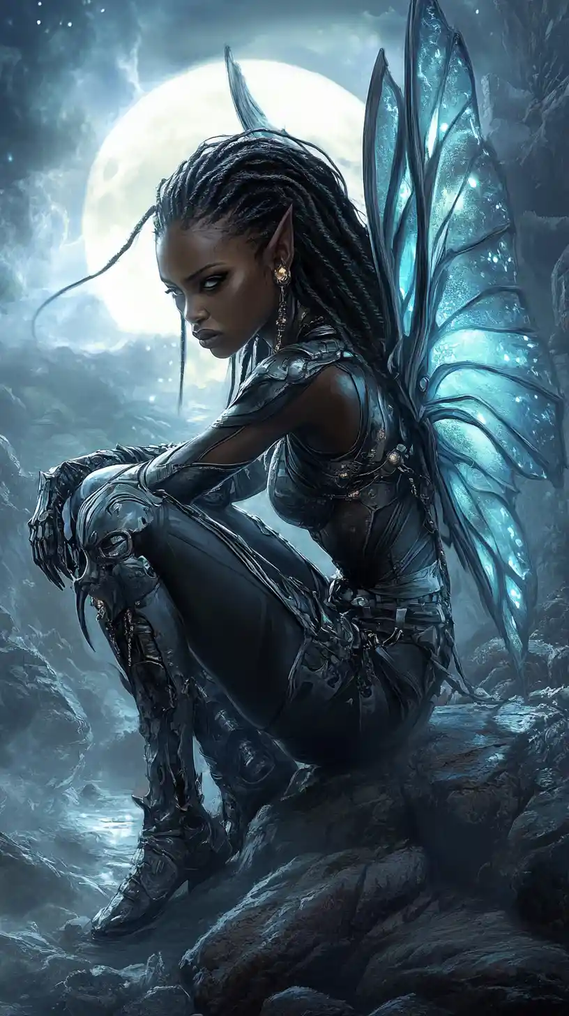 Dark fairy warrior crouching on moonlit rocky cliffs