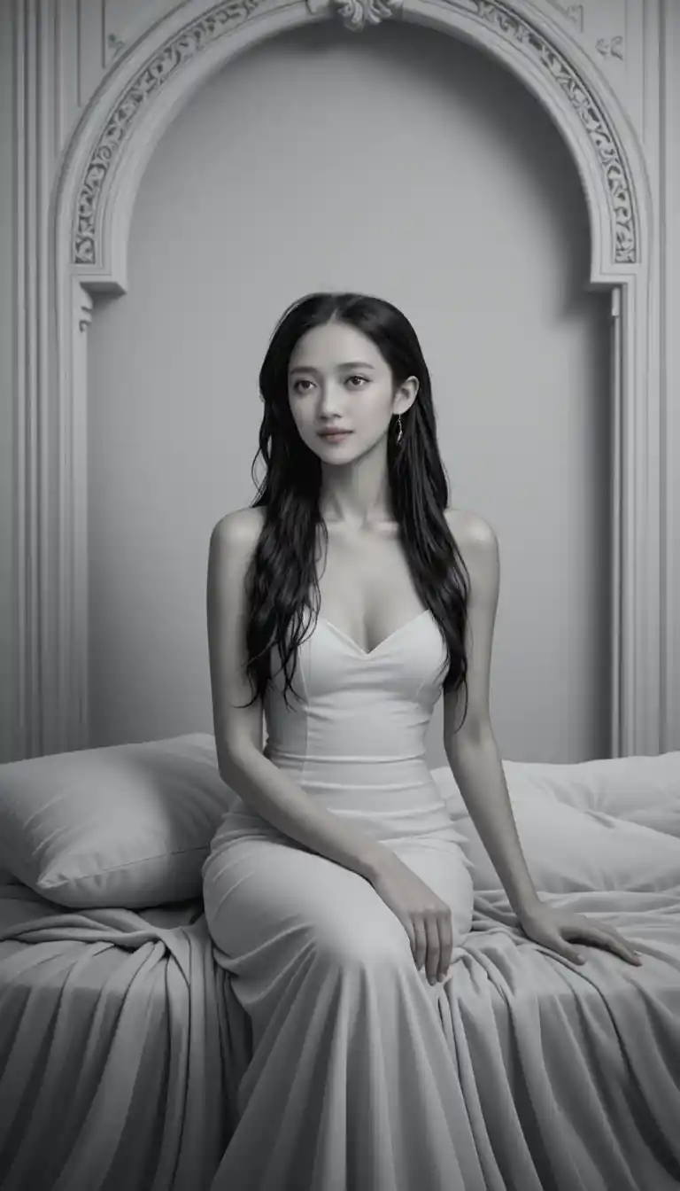 Elegant young woman seated in a serene monochrome interior
