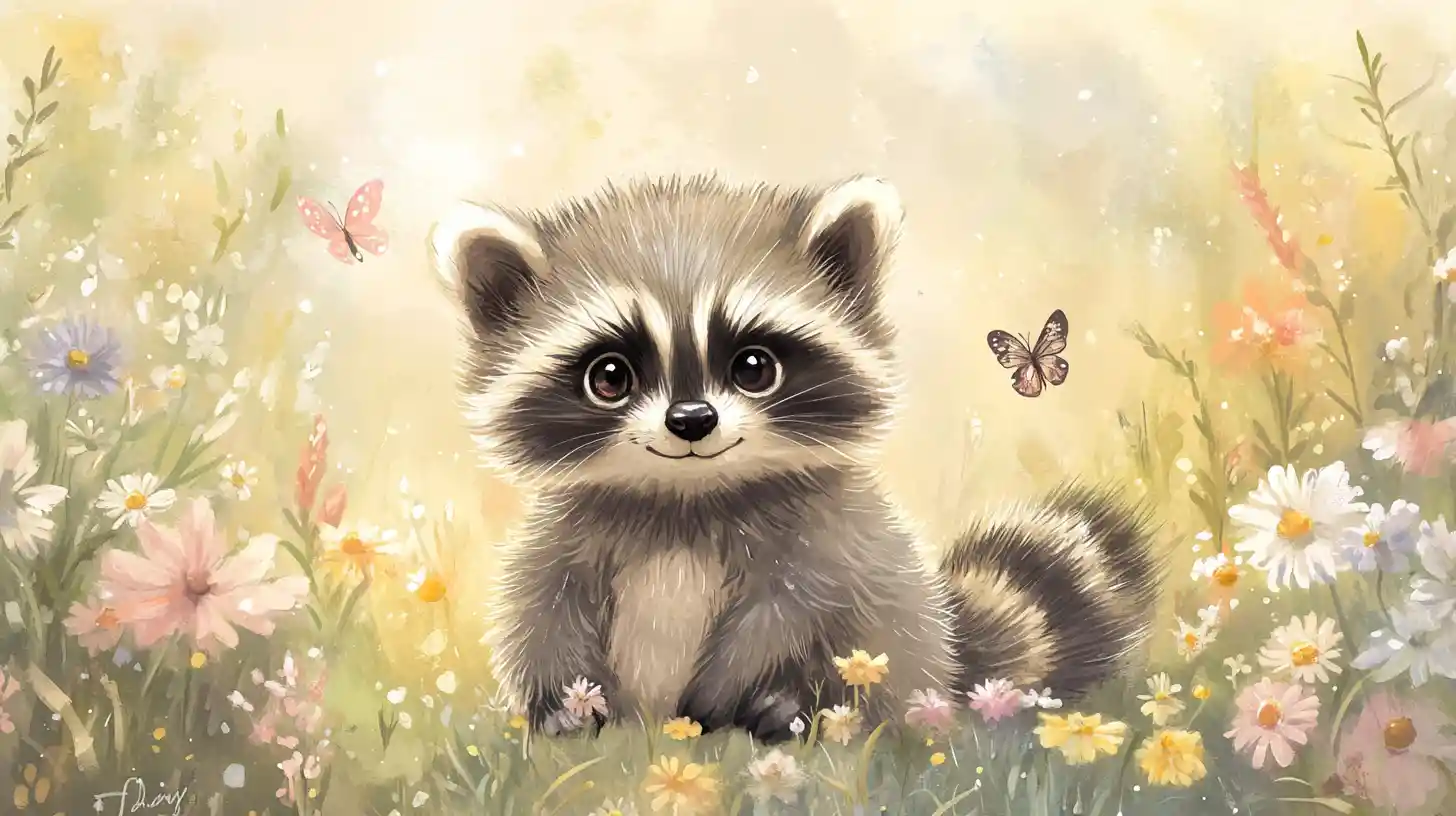 Niedliches Baby-Waschbär-Aquarell in einer Blumenwiese