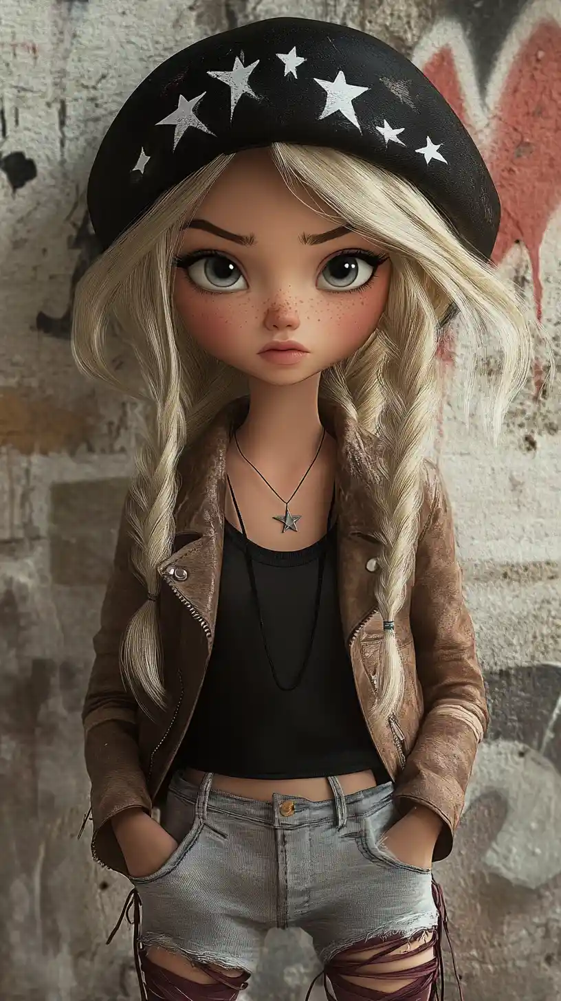 Blonde girl in streetwear posing against graffiti wall