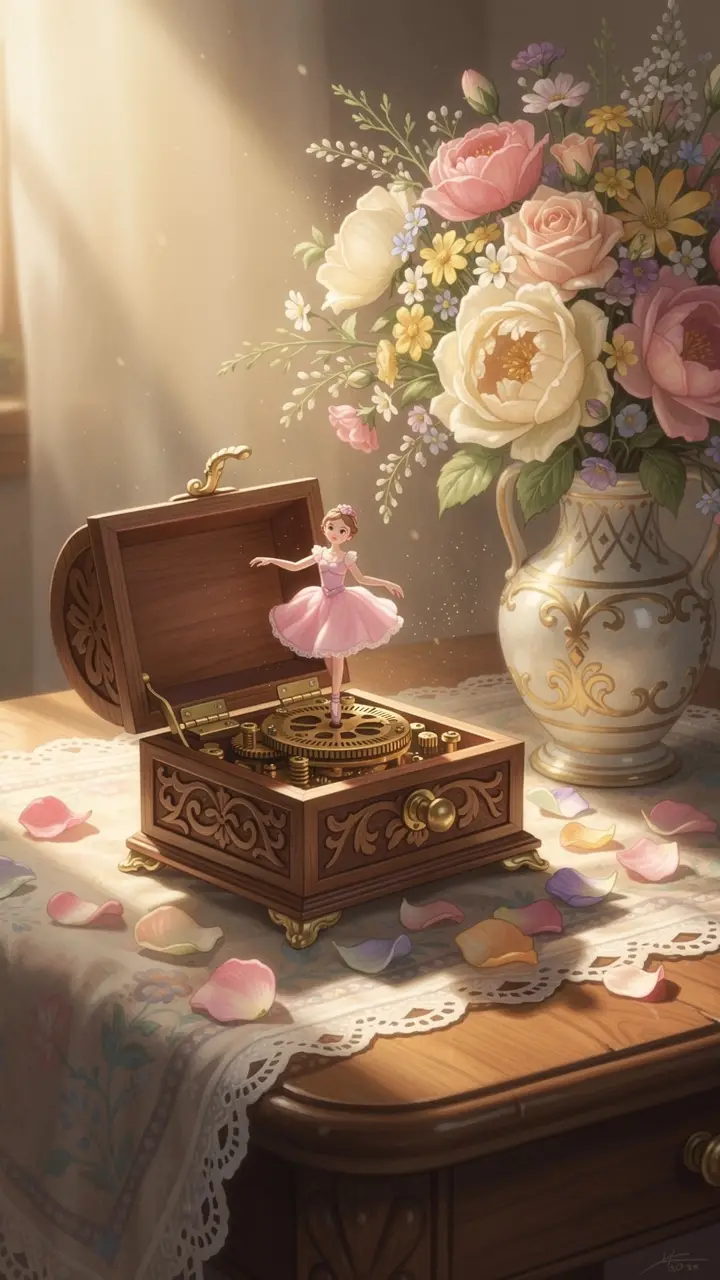 Wooden Music Box With Dancing Ballerina On Sunlit Table