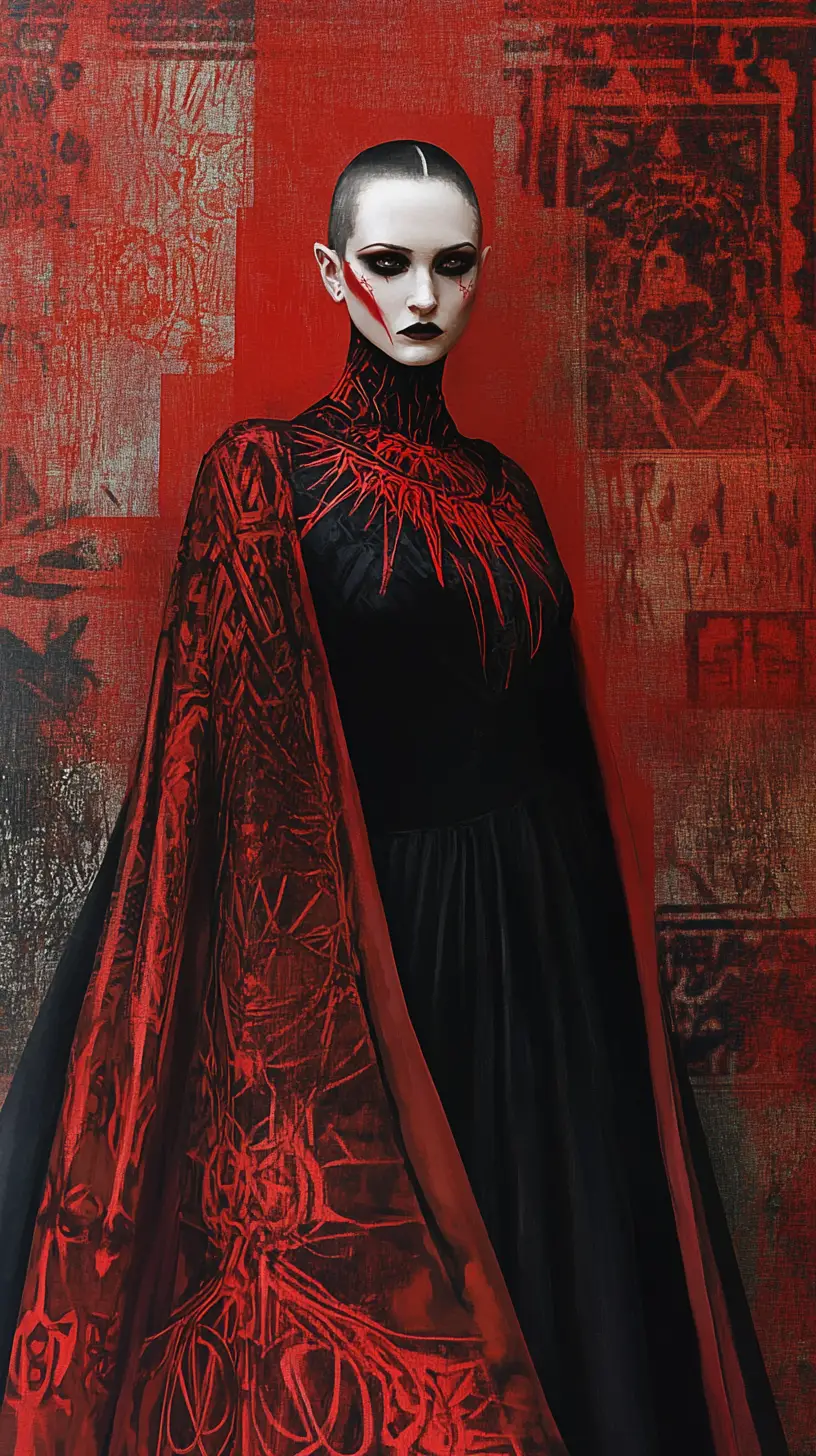 Mysterious woman in black dress with red cloak indoors
