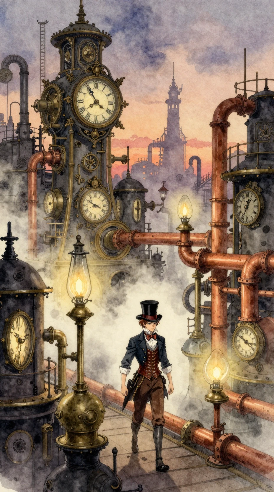 Aventurier steampunk errant dans une ville victorienne brumeuse