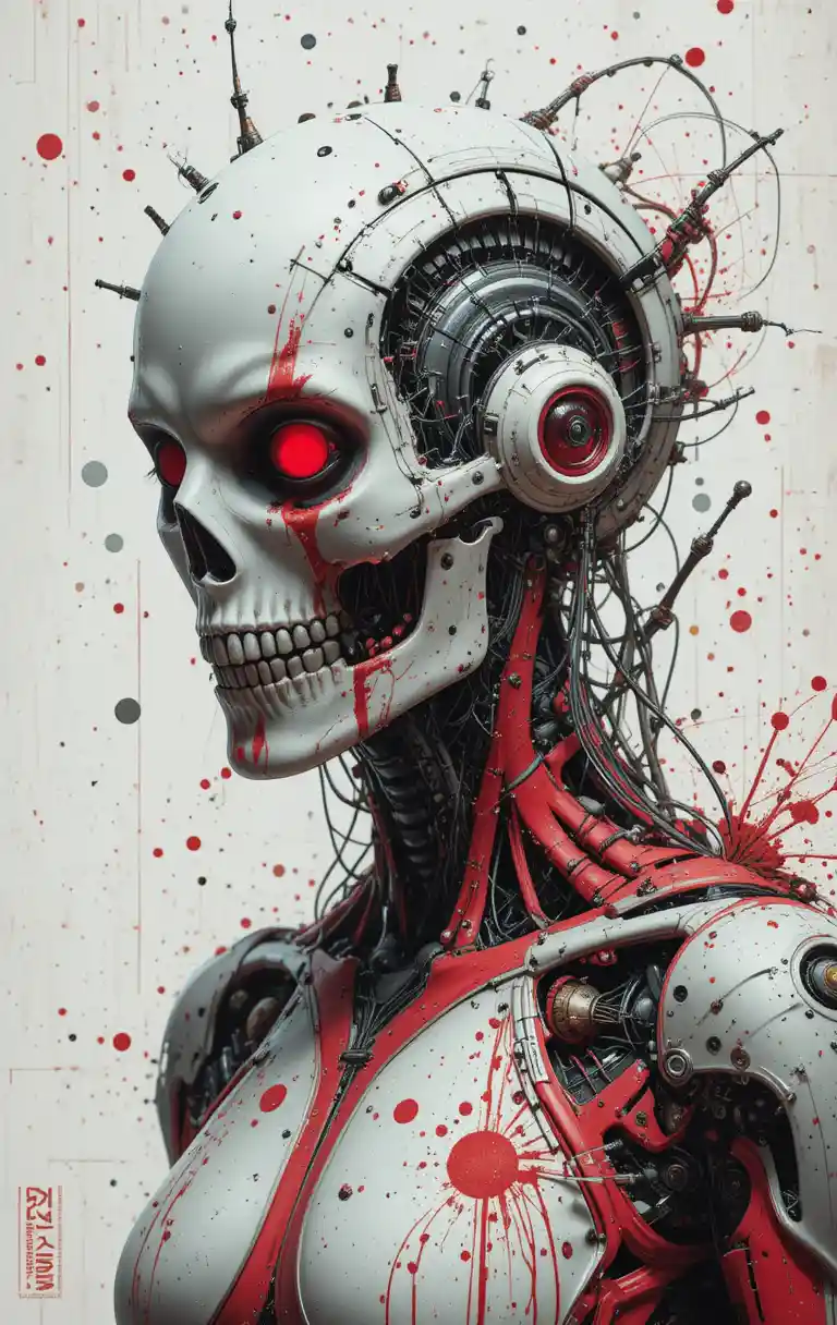 Cyborg en combinaison rouge et blanche avec masque de crâne et câbles