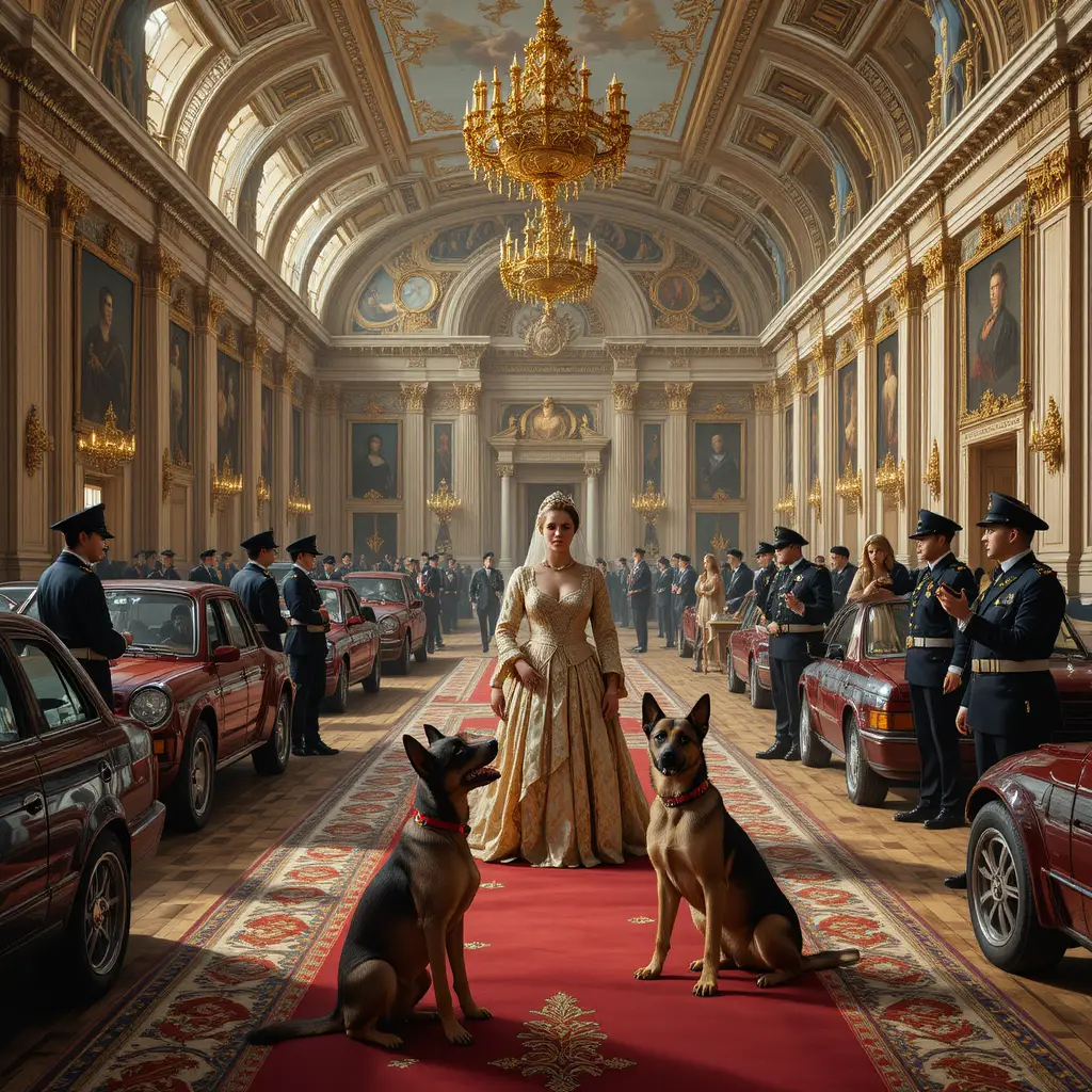 Royal palace courtyard with queens kings guards and cars
