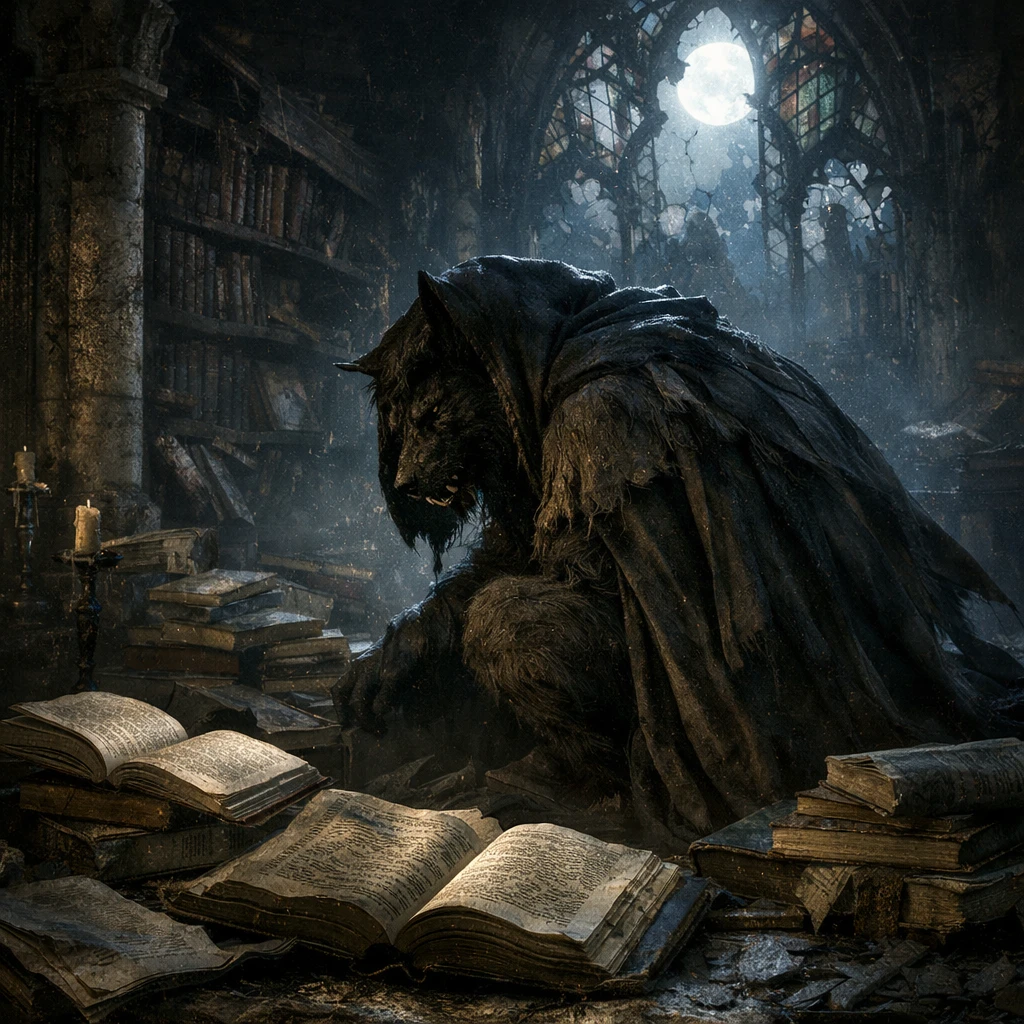 Cloaked werewolf standing in a ruined moonlit library