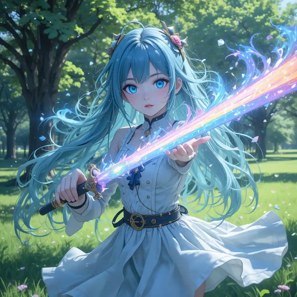 Anime-Mädchen mit Regenbogenschwert auf einem grünen Feld