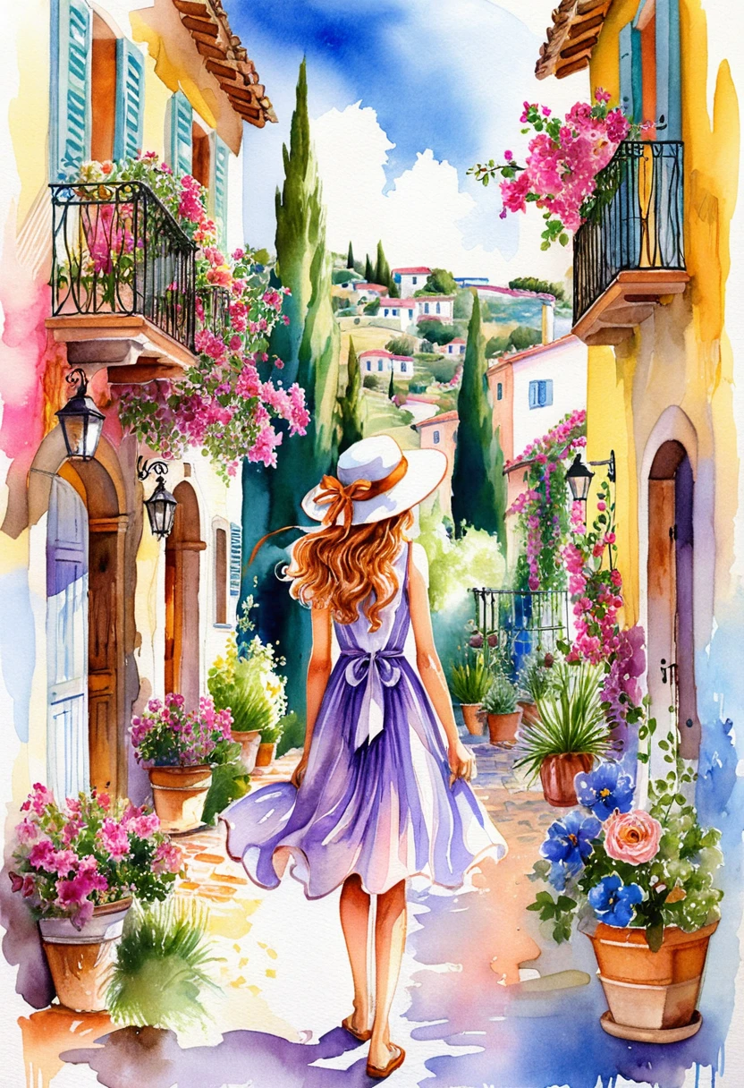 Young woman walking in a sunlit Mediterranean alley