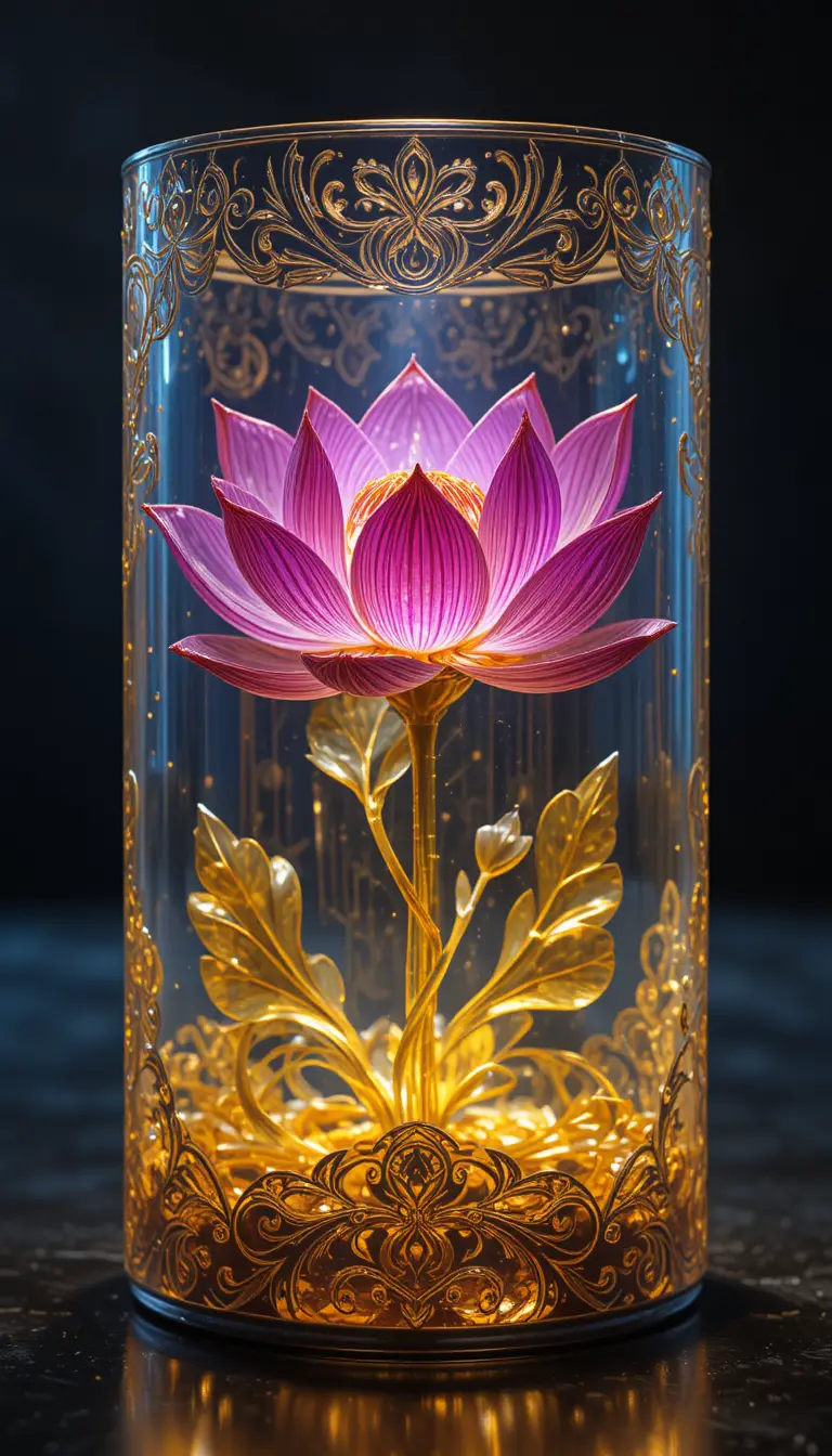 Fleur de Lotus Lumineuse dans un Cylindre de Verre Complexe