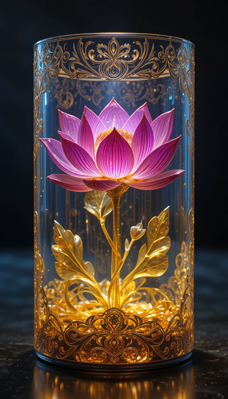 精巧なガラスシリンダーの中で輝く蓮の花