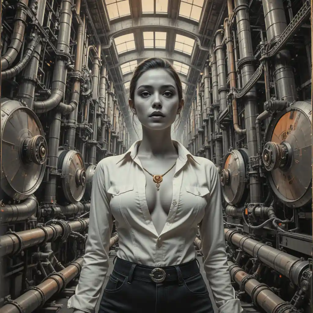 Woman in industrial tube network under harsh monochrome light