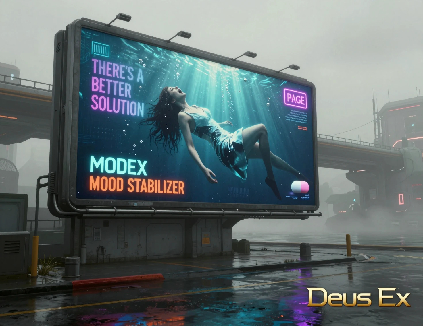 Imponente cartellone cyberpunk sopra un lungomare futuristico nebbioso