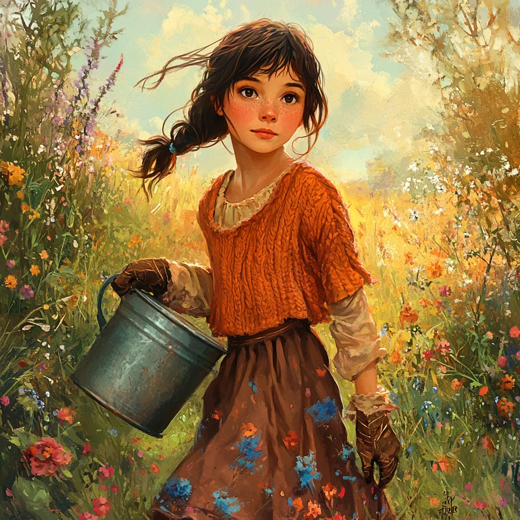 Girl carrying a metal bucket across a quiet field