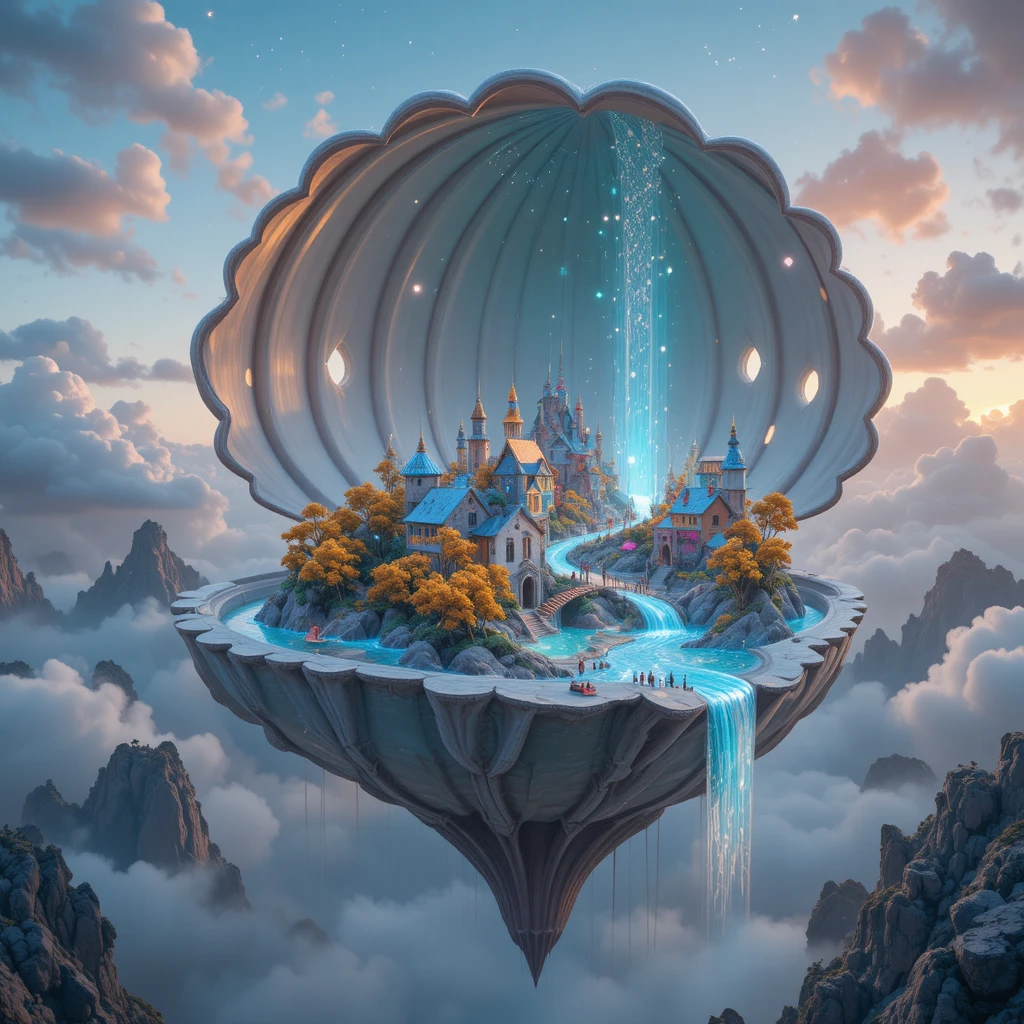 Floating seashell city in a glowing pastel sky