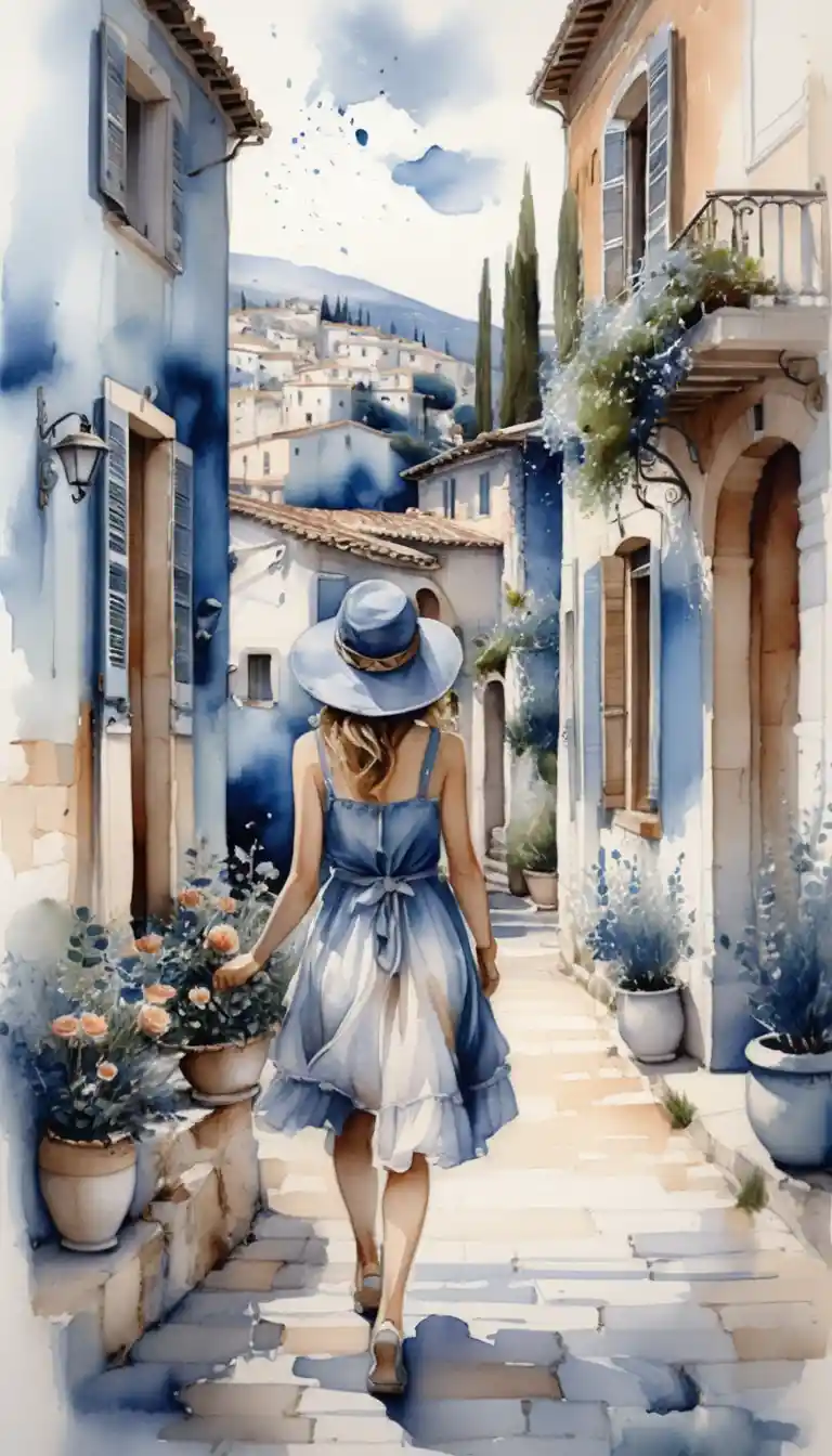 Young woman walking in a sunlit Mediterranean alley