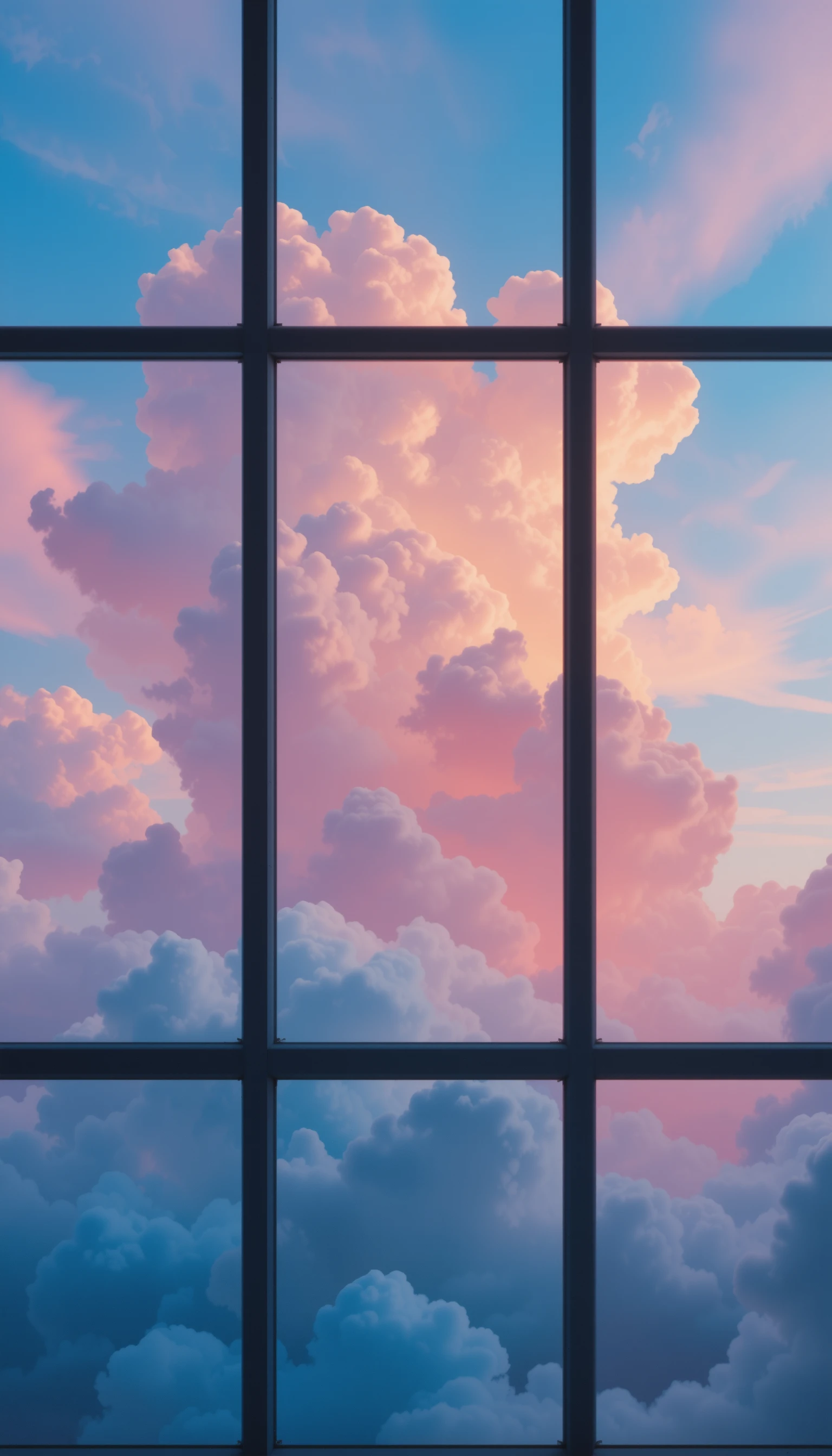 Nuages colorés dérivant devant une fenêtre de ciel quadrillé