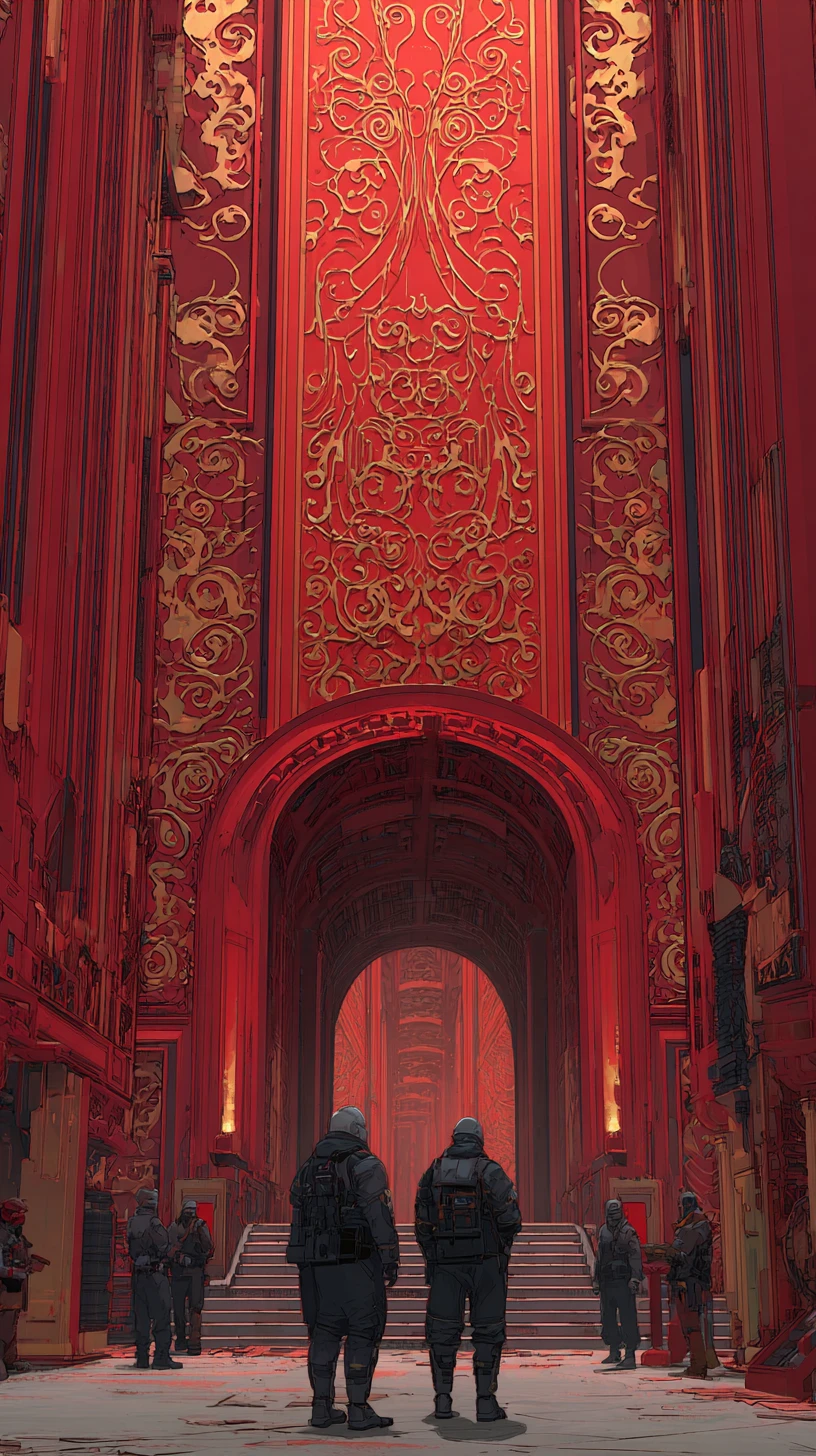 Cyberpunk guards in a surreal golden palace interior