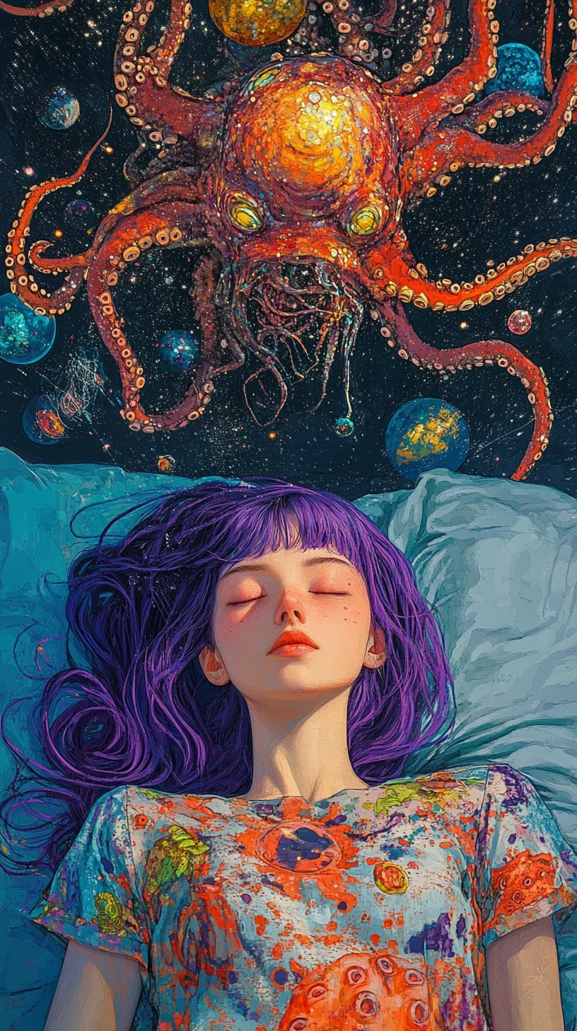 Donna sognante dai capelli viola in illustrazione cosmica surreale