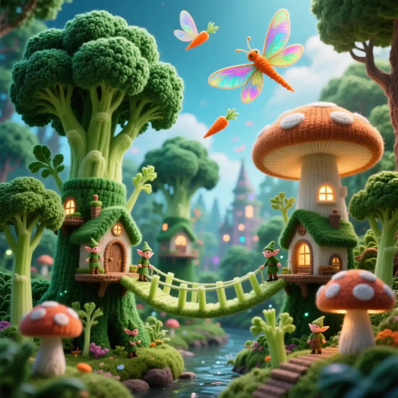 Whimsical woolen forest city of elves among giant plants