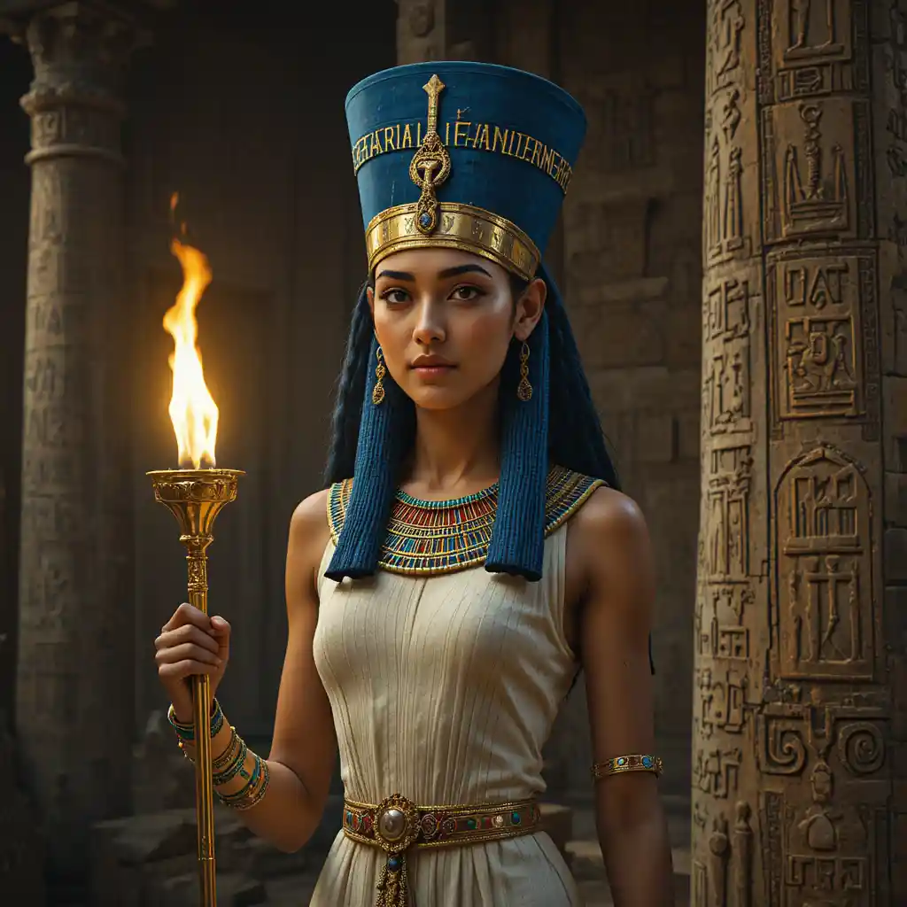 Egyptian queen holding a flaming torch in temple interior