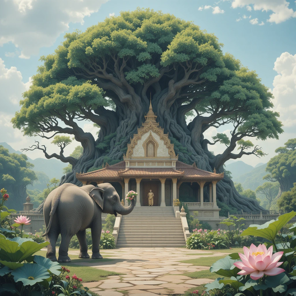Templo budista bajo un árbol bodhi con elefante gentil