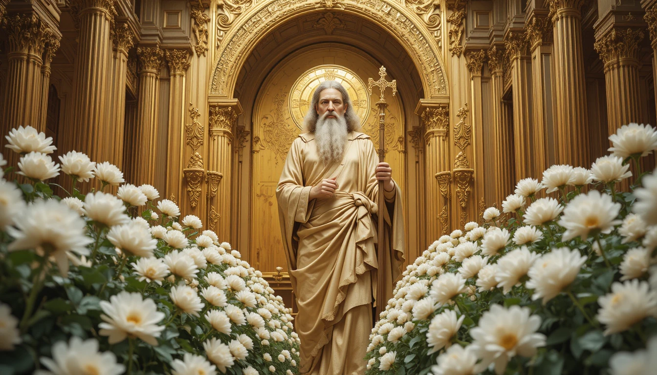 Saint Longin debout dans une chapelle dorée avec des pivoines