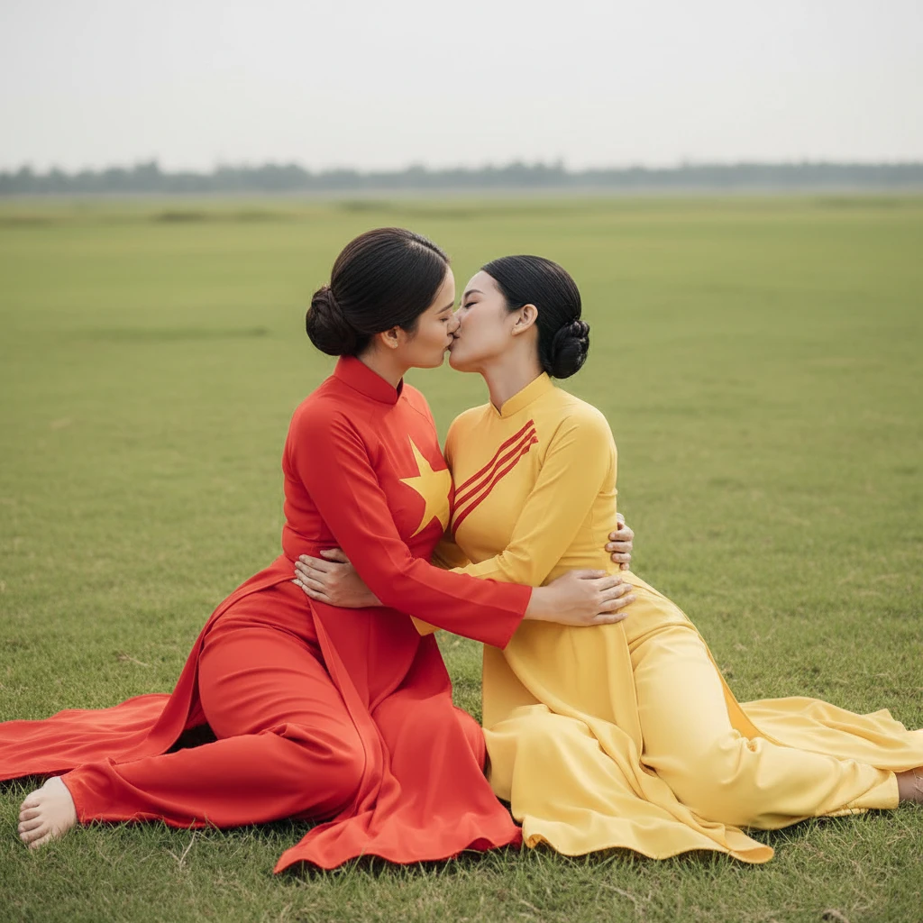 Two girls in traditional gowns kissing on green grass