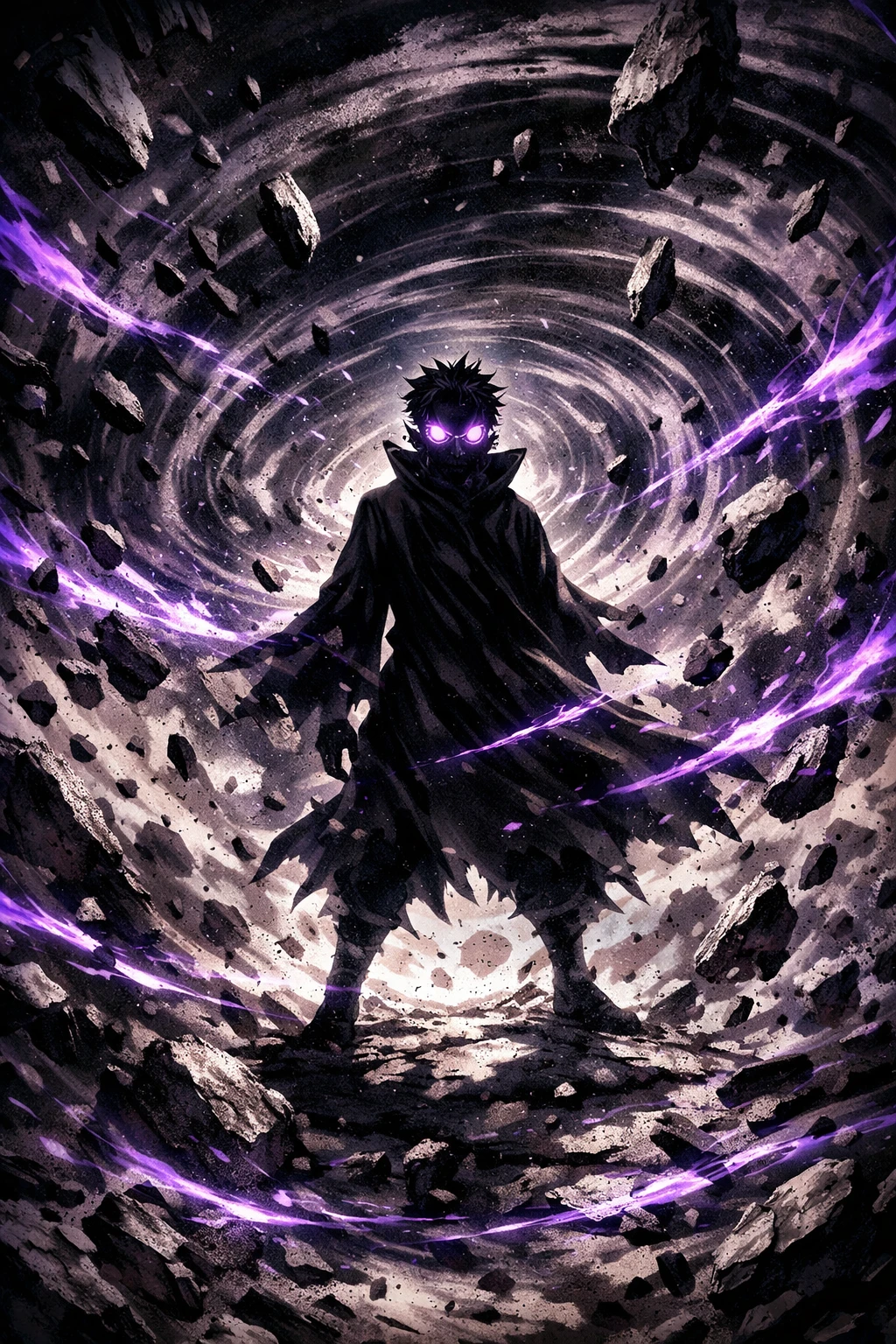 Figure With Glowing Eyes Amid Rippling Destructive Energy