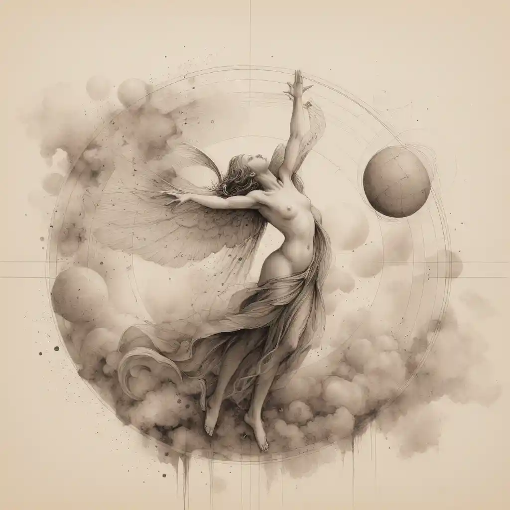 Ethereal angelic woman within a celestial orbital circle