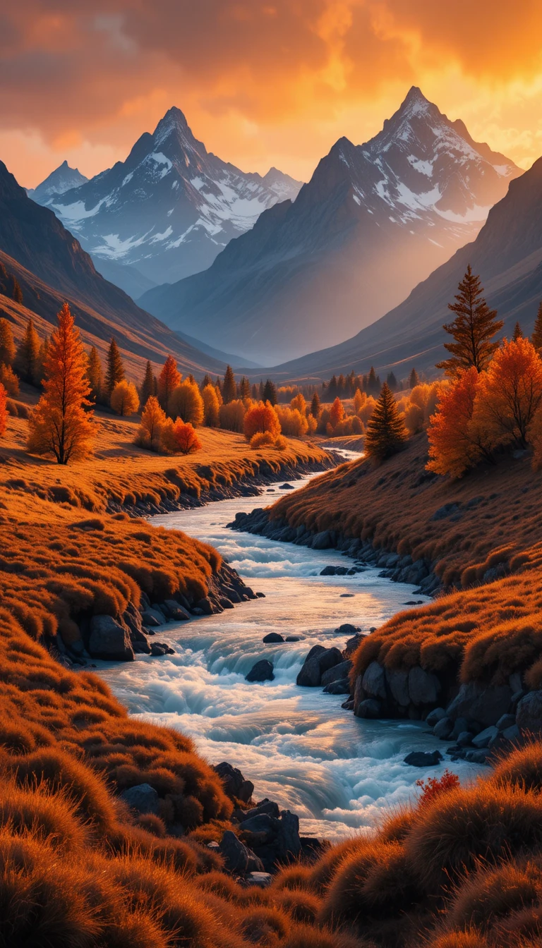 Vallée alpine dorée en automne au coucher de soleil flamboyant