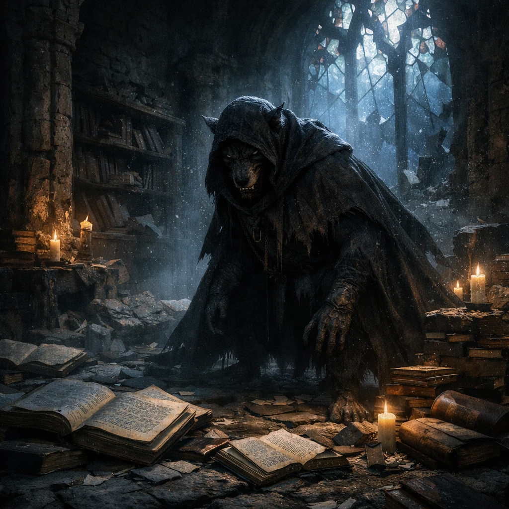 Cloaked werewolf in ruins of a moonlit ancient library