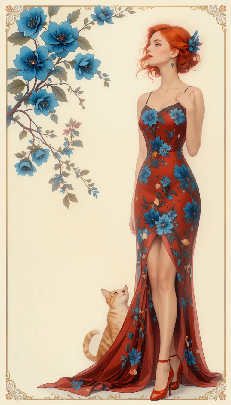 Red haired woman in ruby dress with blue flower pattern