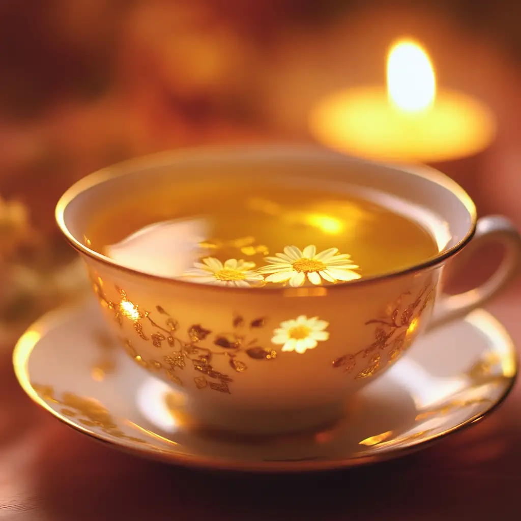 Close up of chamomile tea in a porcelain cup by candlelight
