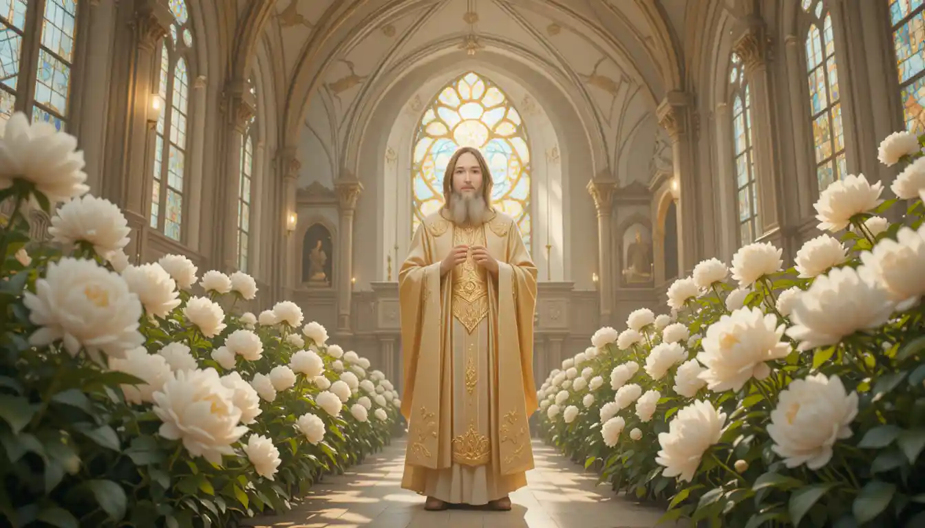 Saint Longin dans une chapelle baignée de soleil avec des pivoines blanches