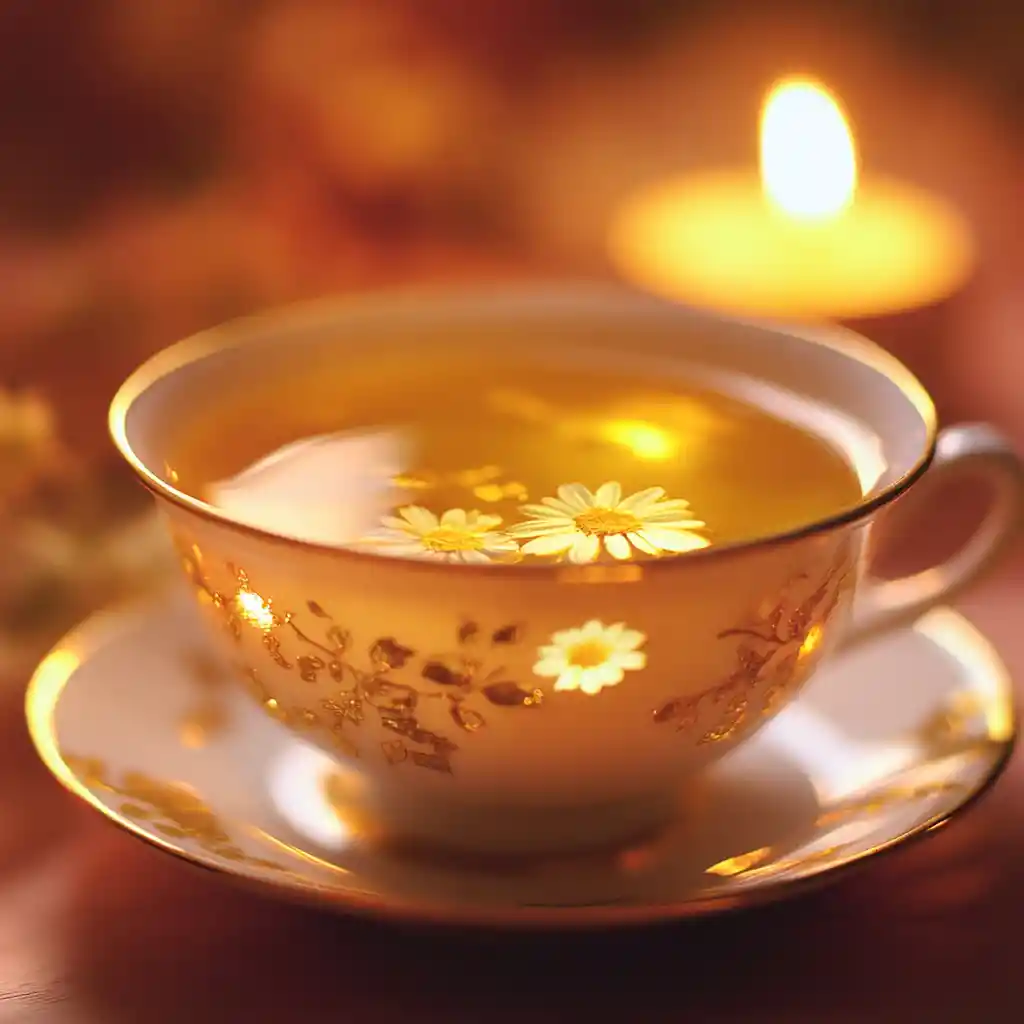 Close up of chamomile tea in a porcelain cup by candlelight