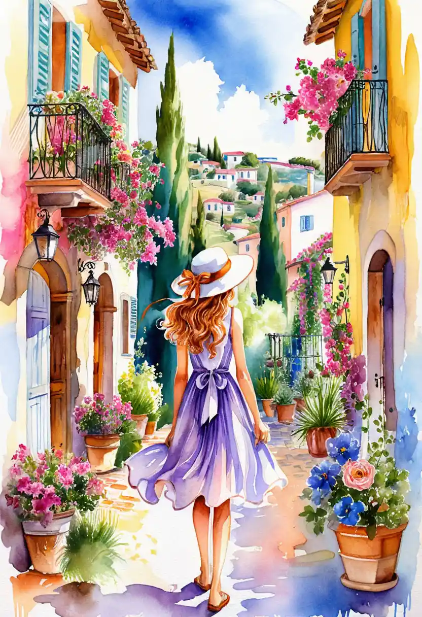 Young woman walking in a sunlit Mediterranean alley
