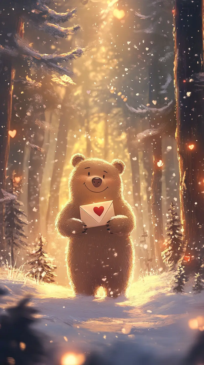 Gentle bear with love letter in a glowing snowy forest