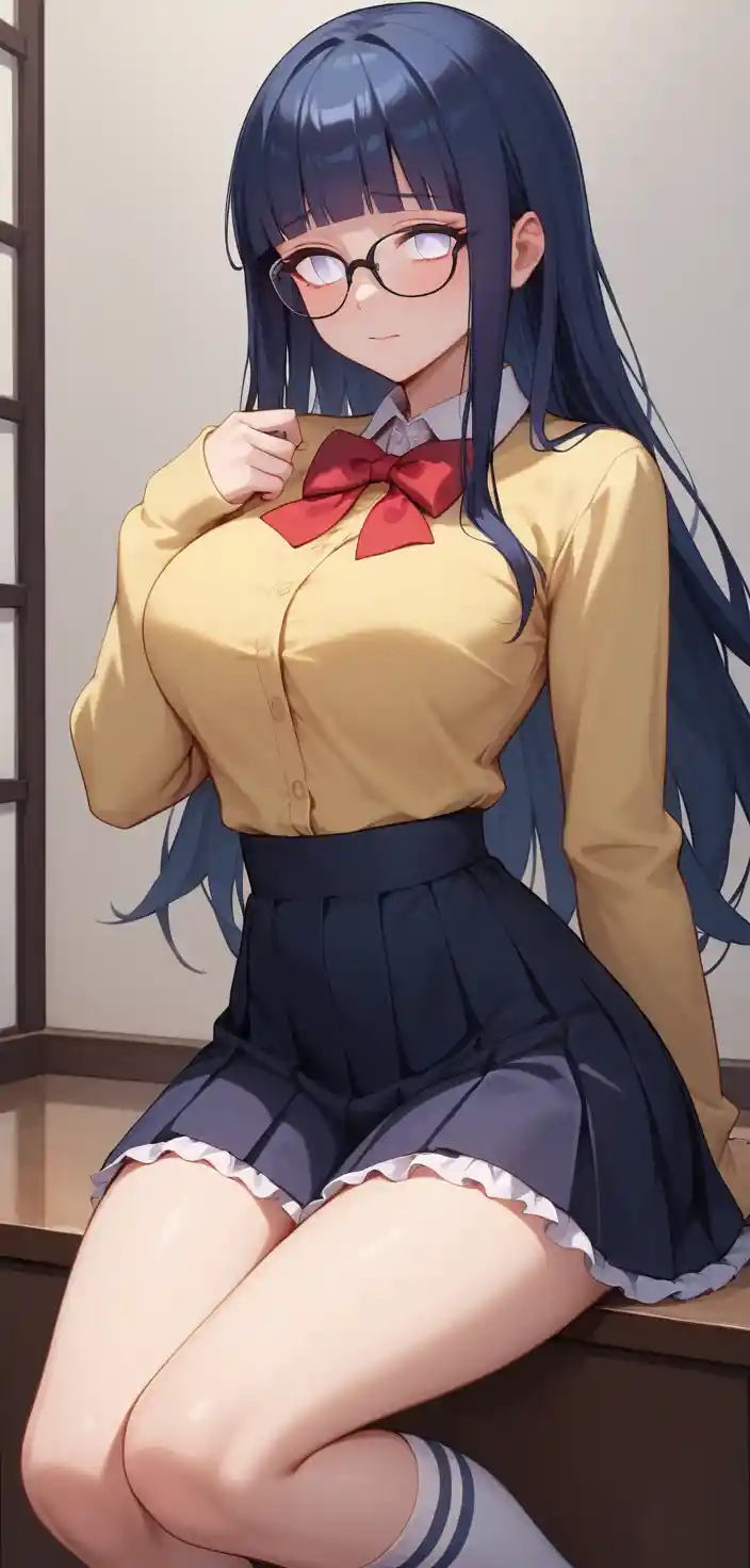 Shy anime girl with glasses in a yellow shirt and black skirt