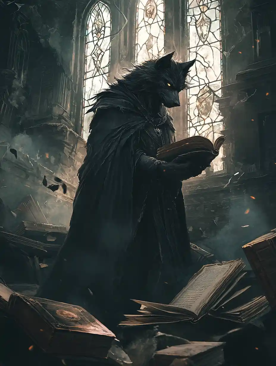 Cloaked werewolf in ruins of an ancient moonlit library