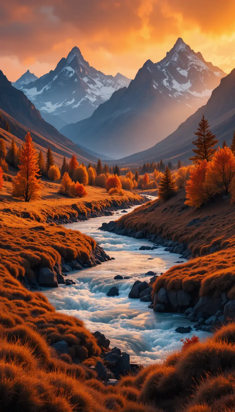 Golden autumn alpine valley at glowing sunset