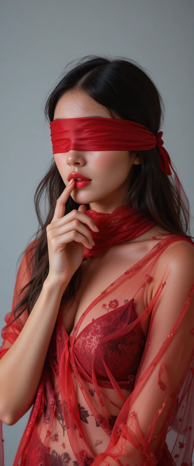 Blindfolded woman in red scarf teasing her lips
