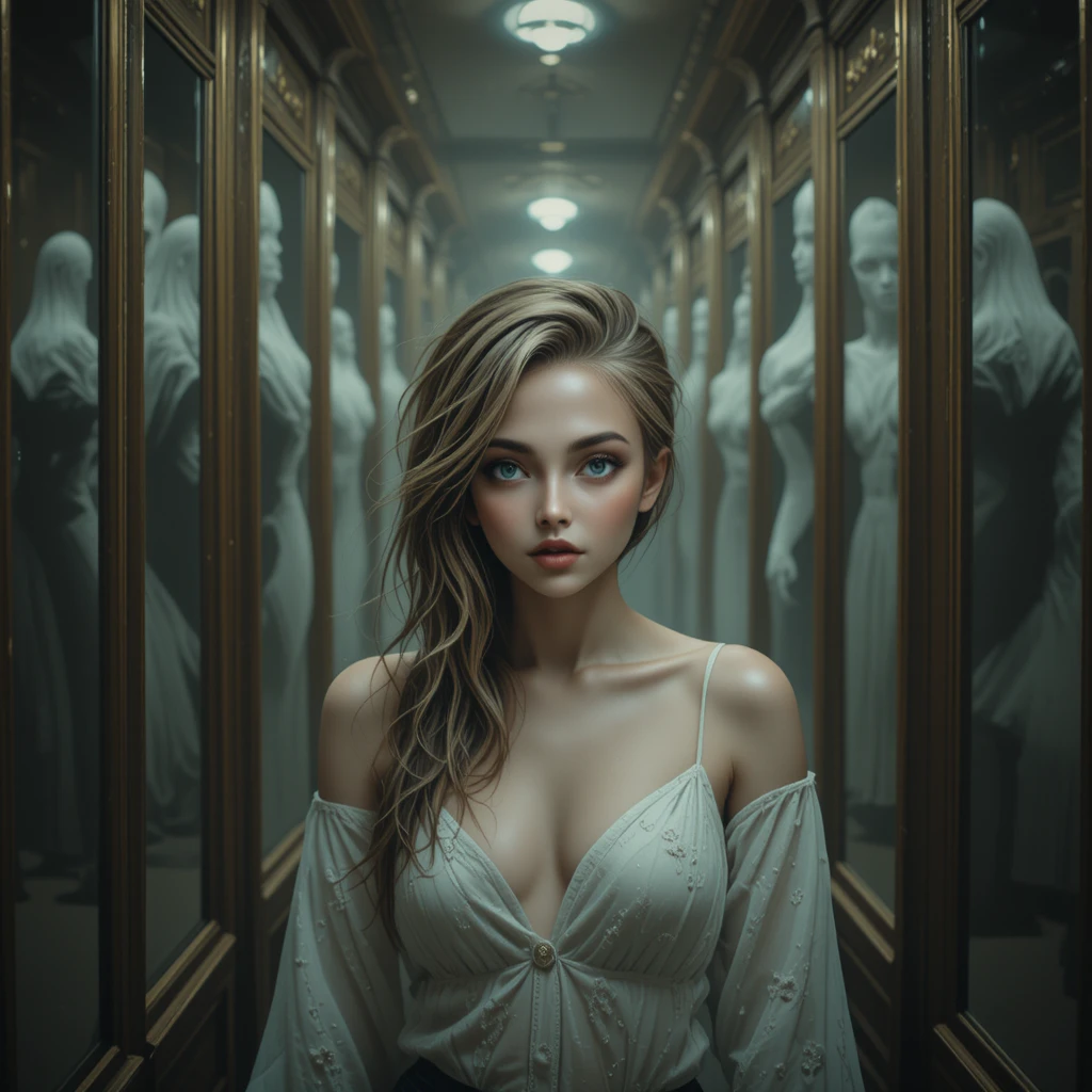 Young woman lost in a disorienting hall of mirrors