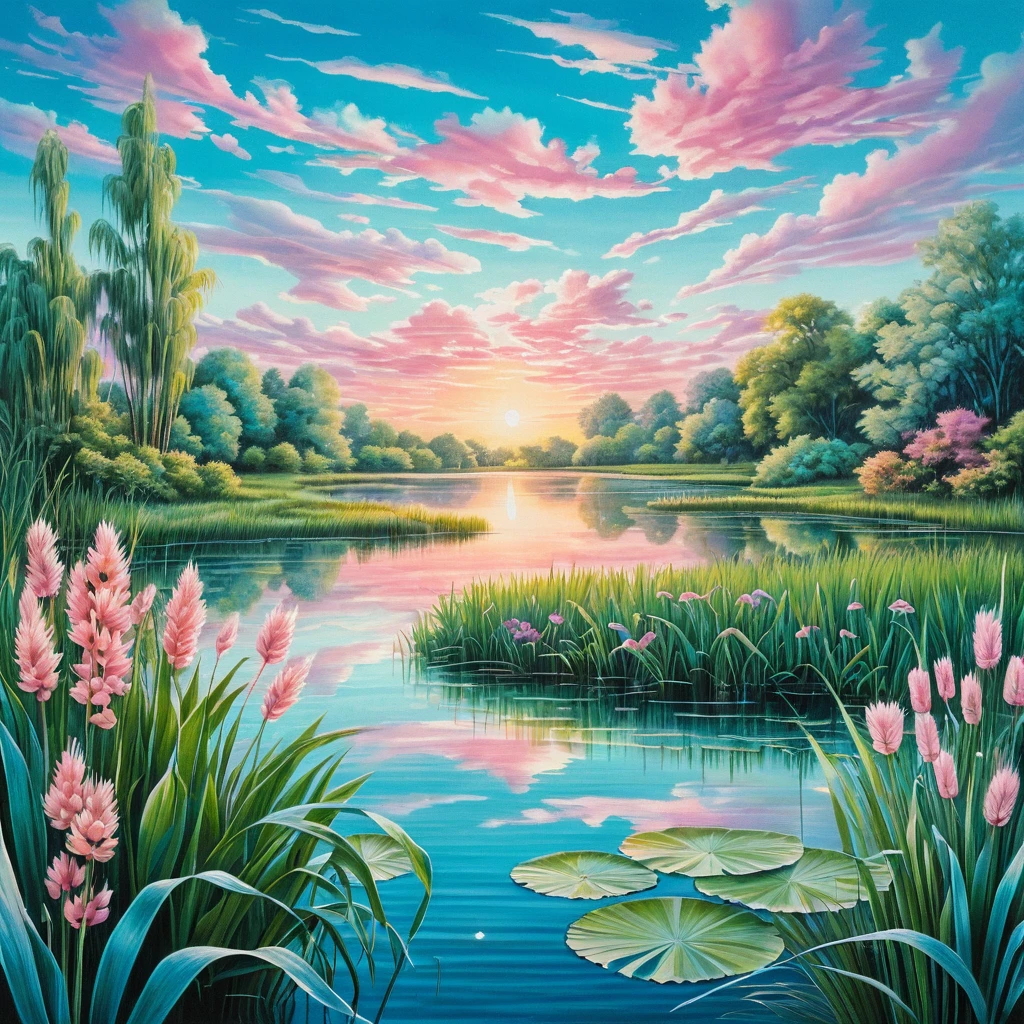 Lago surreal al amanecer con espadañas en suaves colores pasteles