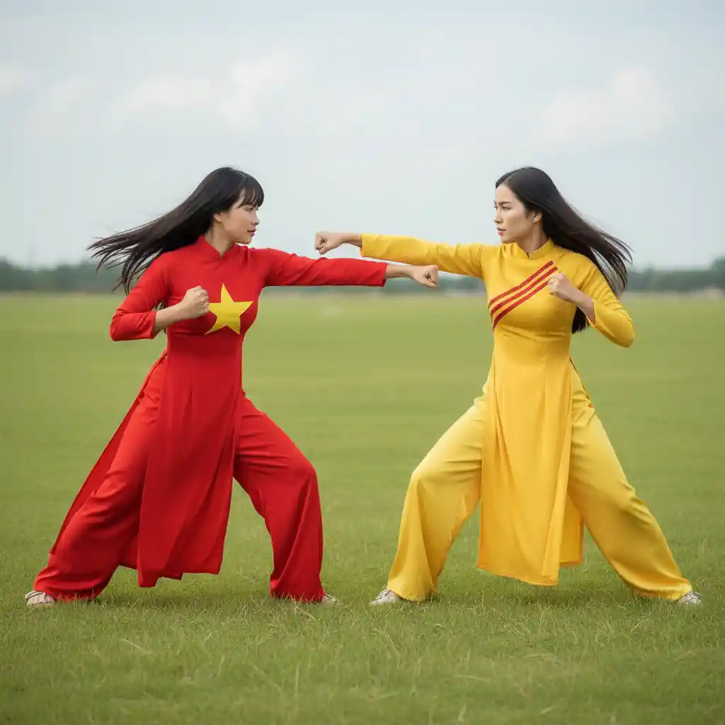 Two Vietnamese women sparring on a wide green grassy field