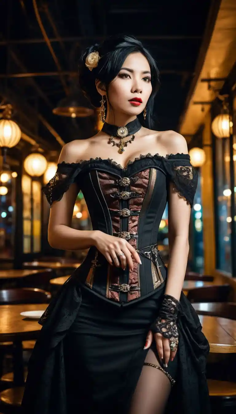 Vietnamese woman in steampunk corset at night restaurant