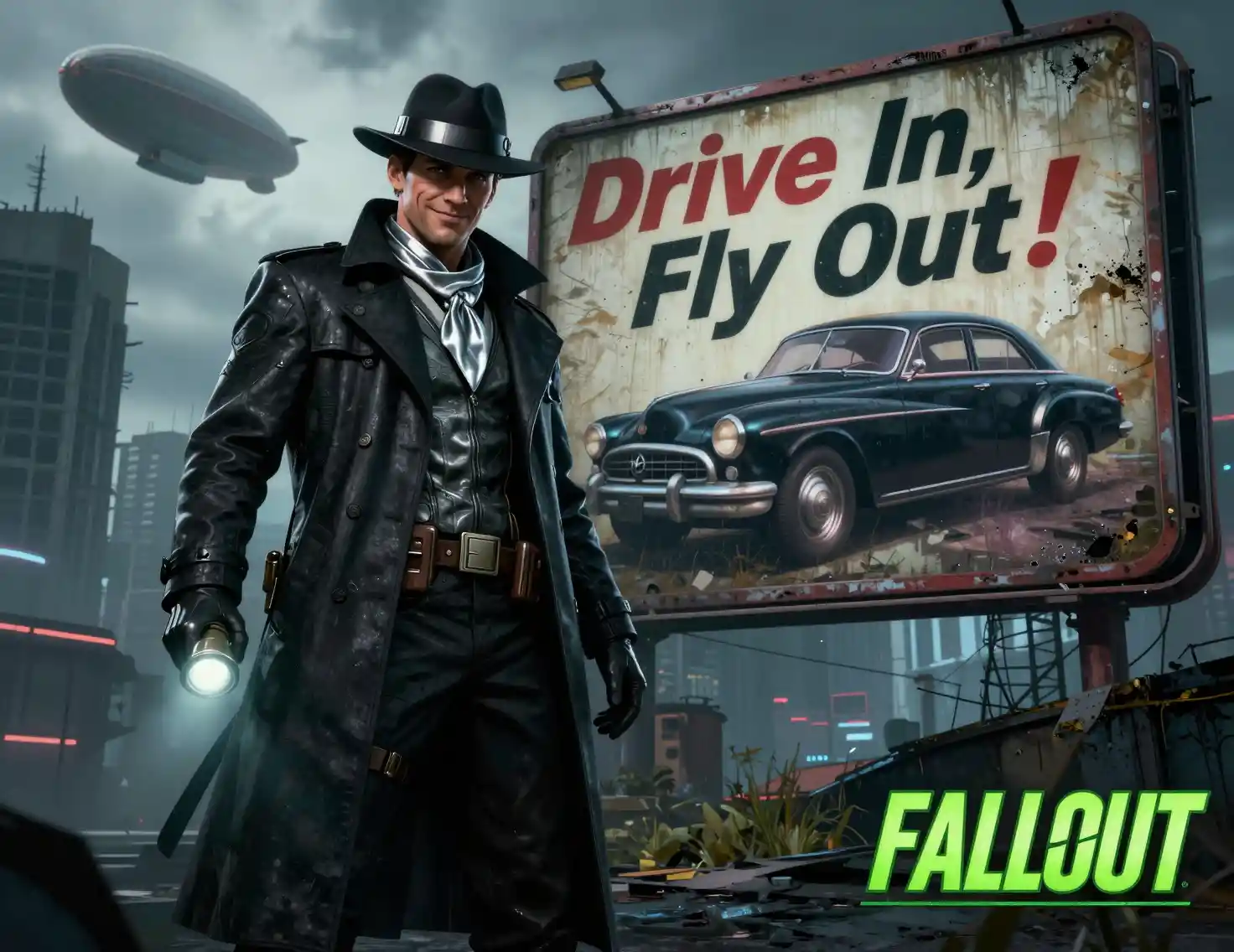 Sci fi detective in coat by retro futuristic car billboard